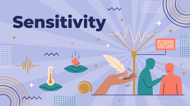 sensitivity concept illustration with gentle feather touch, cushion softness and emotional awareness icons banner