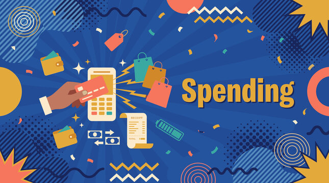 spending concept illustration with card payment, shopping bags, receipt and consumer purchase icons banner