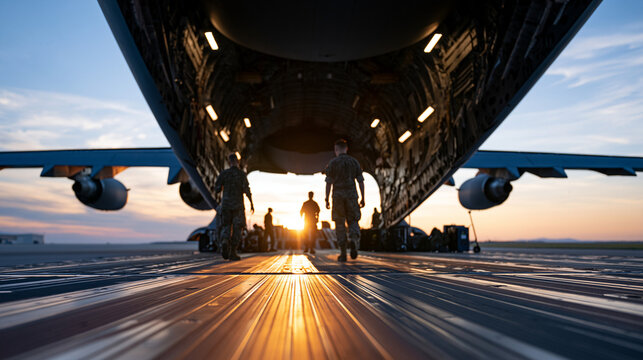 Wide angle interior of aircraft cargo area with cropped figures organizing equipment silhouettes against open ramp sunlight streaming in readiness concept teamwork aviation