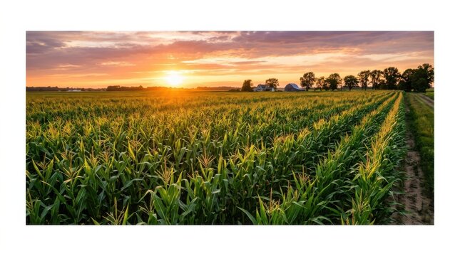 Beautiful rows of fresh tulip flowers growing in a large rural farm field during a golden sunset