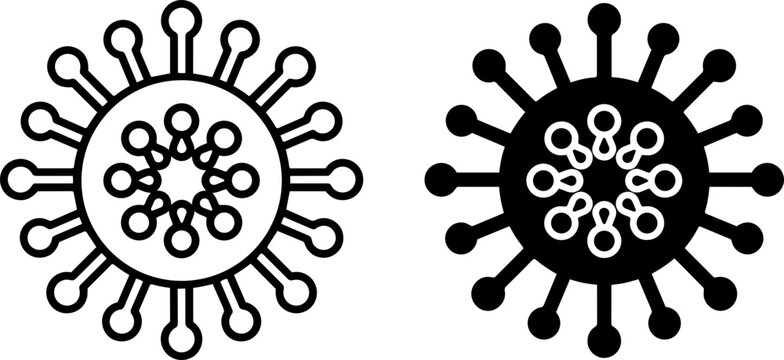 A microscopic virus cell with spike proteins representing disease and infection.