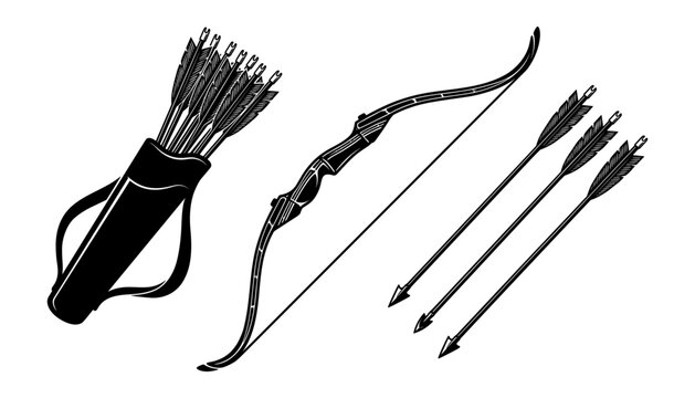 Traditional archery equipment illustration featuring a classic curved bow a full arrow quiver bag and multiple feathered arrows