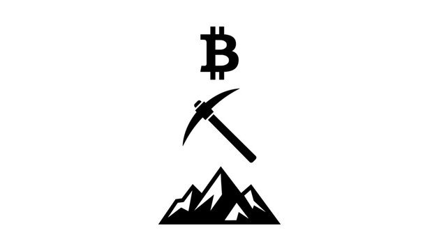 Bitcoin cryptocurrency mining concept vector illustration featuring a pickaxe mountain peak and decentralized digital coin currency symbol