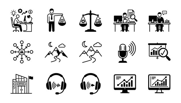 Business management and financial analytics icon set featuring office work data tracking communication scales and microphone vectors