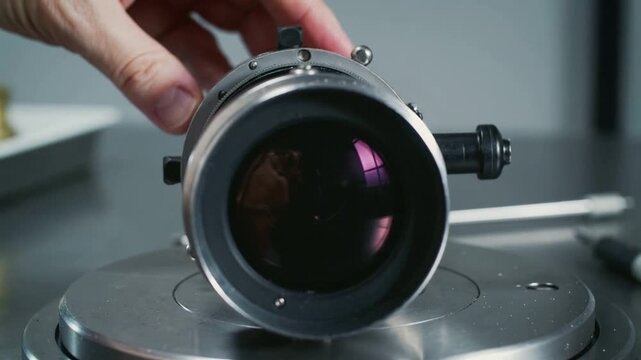 Picking up technician hands rotating lens assembly on turntable for inspection, nudging geared ring