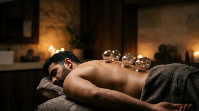 Man receiving cupping therapy on his back in a relaxing spa setting