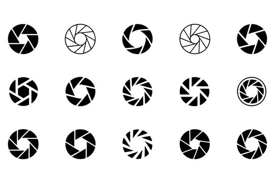 Set photo camera lens diaphragm. Photo lenses aperture, cameras shutter silhouette icon and shutter apertures pictogram. Lomography film lens or snap optics objective lenses - stock vector