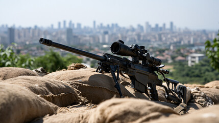 Fototapeta premium Long distance sniper rifle resting on sandbags overlooking city skyline dangerous weapon in urban war zone concept tactical military equipment security threat modern conflict