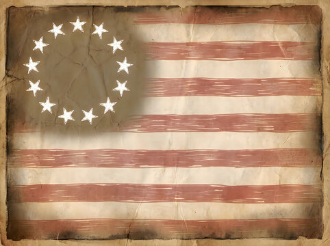 Vintage Betsy Ross American flag on weathered parchment. Antique 13 star colonial flag illustration. Grungy historical United States flag background.