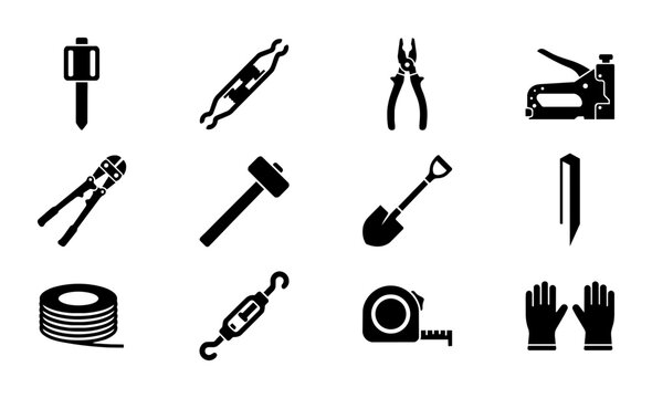 Construction Tools Vector Icons Set: Hammer, Pliers, Stapler, Shovel, Gloves, Tape Measure, Wire, and More for DIY and Building Projects
