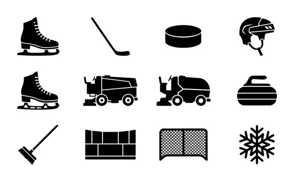 Ice Hockey and Curling Sports Equipment Icons Set, Winter Sports Gear Vector Graphics, Ice Rink Maintenance Tools Collection
