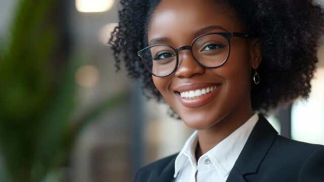 Young black woman with glasses smiling at the camera.