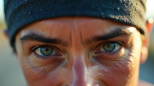 Primer plano de los ojos decididos de un corredor de marat&oacute;n bajo una cinta para la cabeza empapada de sudor