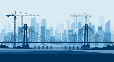 Fototapeta premium Modern Cityscape With Cable Stay Bridge Construction Cranes and Skyline