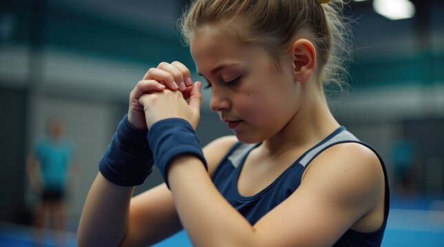 Ni&ntilde;a gimnasta ajust&aacute;ndose las mu&ntilde;equeras antes de entrenar