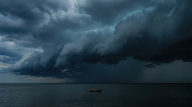 A dramatic and stormy sky features dark ominous clouds rolling across the landscape during the fading light of twilight or dusk