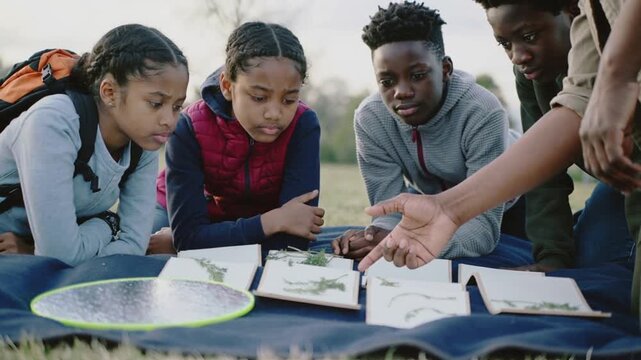 Pointing adult guiding teens leaning over specimen pages on blanket in park, teaching plant ID