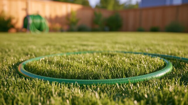 Green garden hose coiled on immaculate lawn with wooden fence and trees in the background, showcasing a well-maintained backyard setting