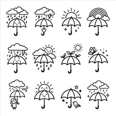 Fototapeta premium Cute weather icon set featuring smiling umbrellas rain clouds sun rainbow butterfly birds in outline style umbrella butterfly protection illustration collection monochrome isolated background