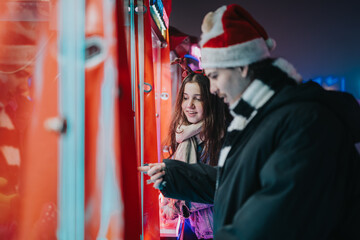Fototapeta premium Two friends play an arcade game while wearing festive hats and winter coats. The happy pair interact at a brightly lit carnival game stall during the holidays.