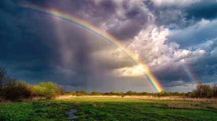 Naklejka premium dramatic rainbow over a meadow after a storm