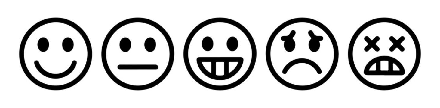 Five outline emoji faces showing emotions like happy sad neutral and surprised for feedback.