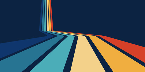 Rainbow poster in a groovy retrofuturistic style with trendy vintage refracted linear design a 70s‑style banner featuring a striped background with receding perspective, dynamic vector pattern © Hanna