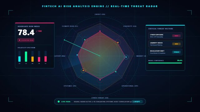 Fintech artificial intelligence risk analysis engine showing a spinning threat radar interface with data metrics and statistics on a dark digital display