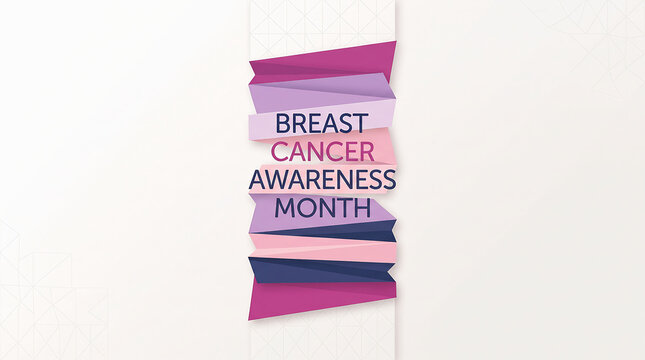 Modern breast cancer awareness month graphic with vertical ribbon layers in shades of pink and purple for medical event.