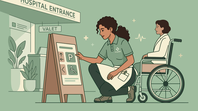 Hospital valet assists woman in wheelchair with parking sign