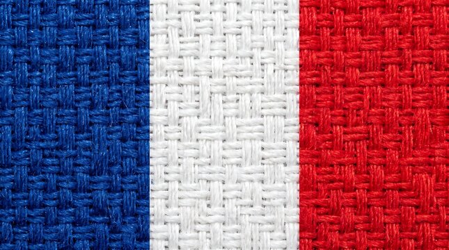 Close up macro texture of the woven French flag featuring blue white and red vertical stripes for national holiday banners, travel brochures, and textile design backdrops