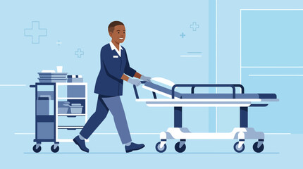 Fototapeta premium Hospital worker pushes empty stretcher, medical transport, healthcare scene