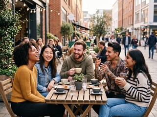Fototapeta premium Premium lifestyle photo of a diverse group of young adults in their 20s laughing and talking together at a stylish outdoor café, casual fashionable clothing, spontaneous candid interaction