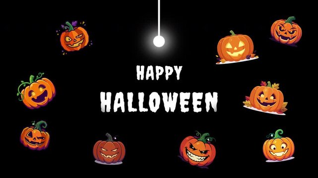 Spooky Happy Halloween greeting animation featuring various cute jack o lantern pumpkins and a glowing white light swinging on a black background for easy compositing and video editing