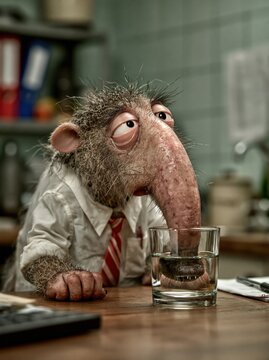 Exhausted fantastical creature dips nose into water glass
