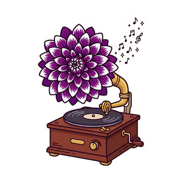 Cute Vintage Gramophone with Dahlia Flower Horn