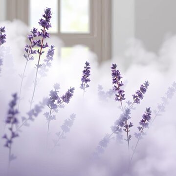 Soft lavender mist embraces rustling leaves, painted in muted watercolors, autumn,  hazy