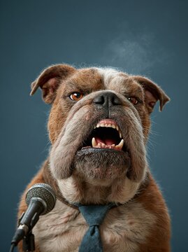 Passionate bulldog speaking into a microphone with a tie
