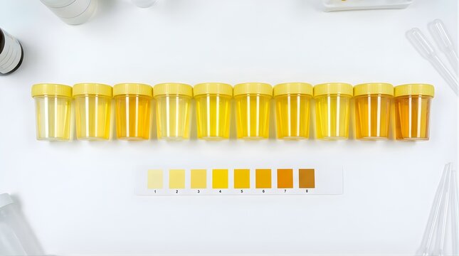 Urine analysis samples in specimen cups with color chart for hydration