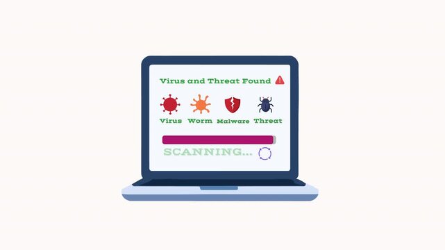 Antivirus software scanning laptop computer to detect digital malware infections including Trojan virus cyber threats system bugs and network worms.
