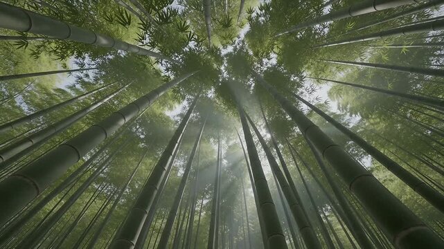 Bamboo Forest Canopy Rotating Upwards, Revealing a Lush Green Environment. Dynamic Aerial View Showcasing Nature's Beauty and Tranquil Atmosphere.