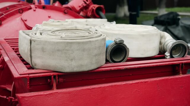 Close-up of rolled fire hoses with metal couplings placed on red firefighting equipment. Professional emergency gear prepared for fire suppression and rescue operations.