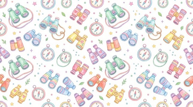 Watercolor Toy Binoculars and Compass Seamless Pattern