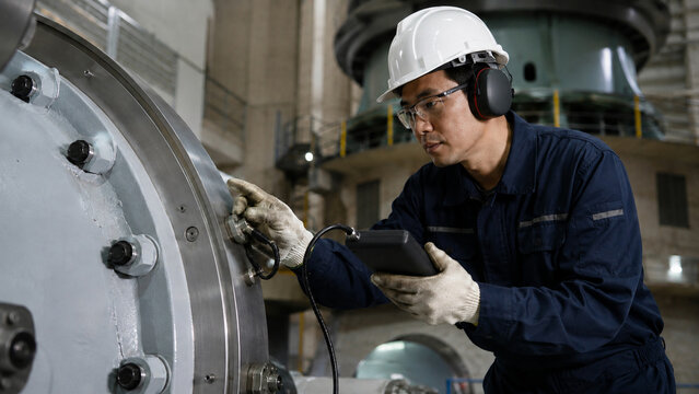 Engineer checking vibration sensor on hydropower generator