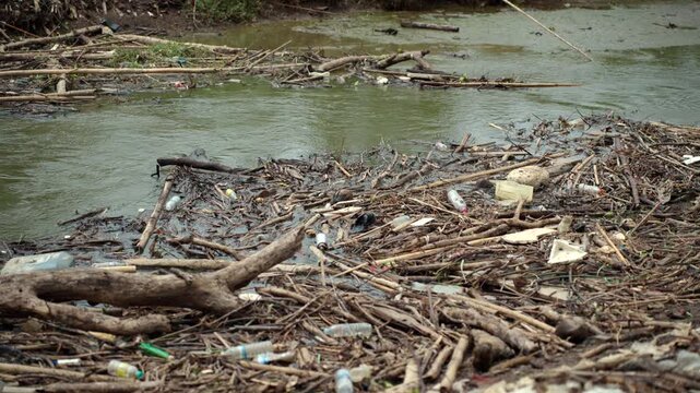 Plastic waste accumulating in mangrove forests and rivers, highlighting marine pollution, overflowing waste. Environmental conservation, plastic reduction, recycling and sustainable future concept.
