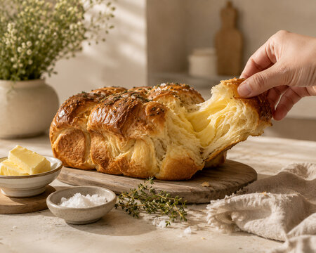 Hand pulling freshly baked cheesy pull-apart bread on a rustic wooden board with butter and herbs
