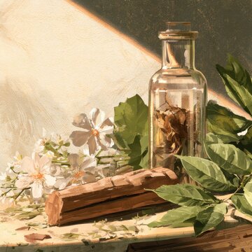 Botanical illustration of cinchona bark with blooming flowers, green leaves, and a glass bottle of dried herbs