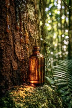 Brazilian forest scene featuring copaiba tree, resin exudation, and an essential oil bottle in natural light