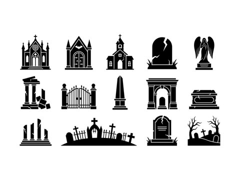 Cemetery architectural silhouettes with burial monuments crypts and gothic church elements.