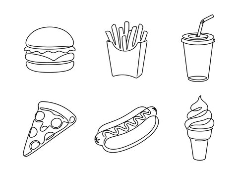 Fast food doodle line art illustration set, minimalist continuous one line drawing for menu and logo